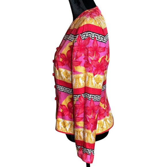 Vintage 100% Silk Floral Patterned Button Up Light Soft Jacket Vibrant Pink Gold - Picture 6 of 15